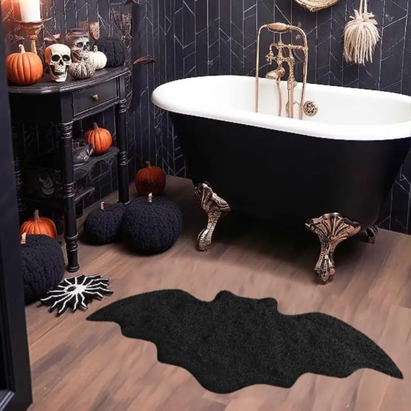 Outdoor Camping Kitchen Setup - Black Halloween Bat Rug Non Slip
